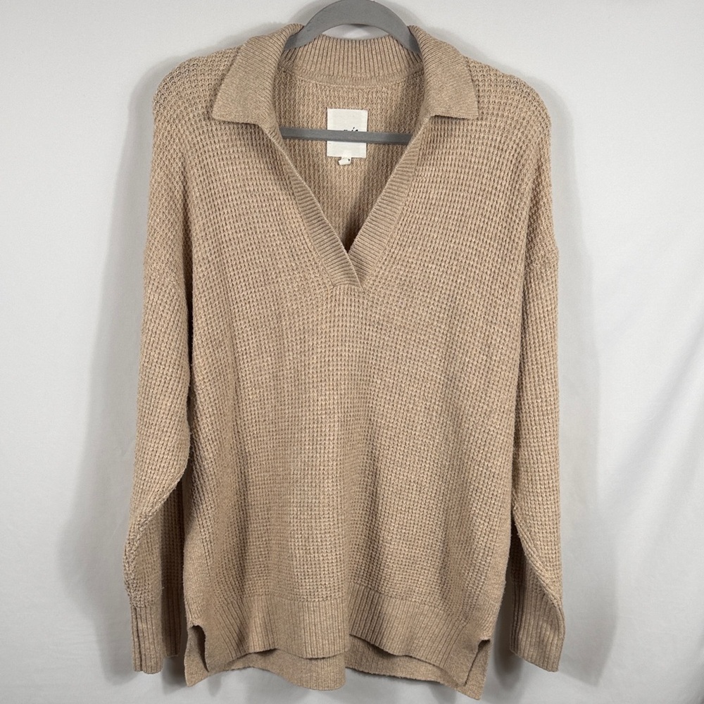 Aerie Women’s CozyUp Waffle Polo‎ Sweater Size XS. Oversized. Neutral Tan. Soft